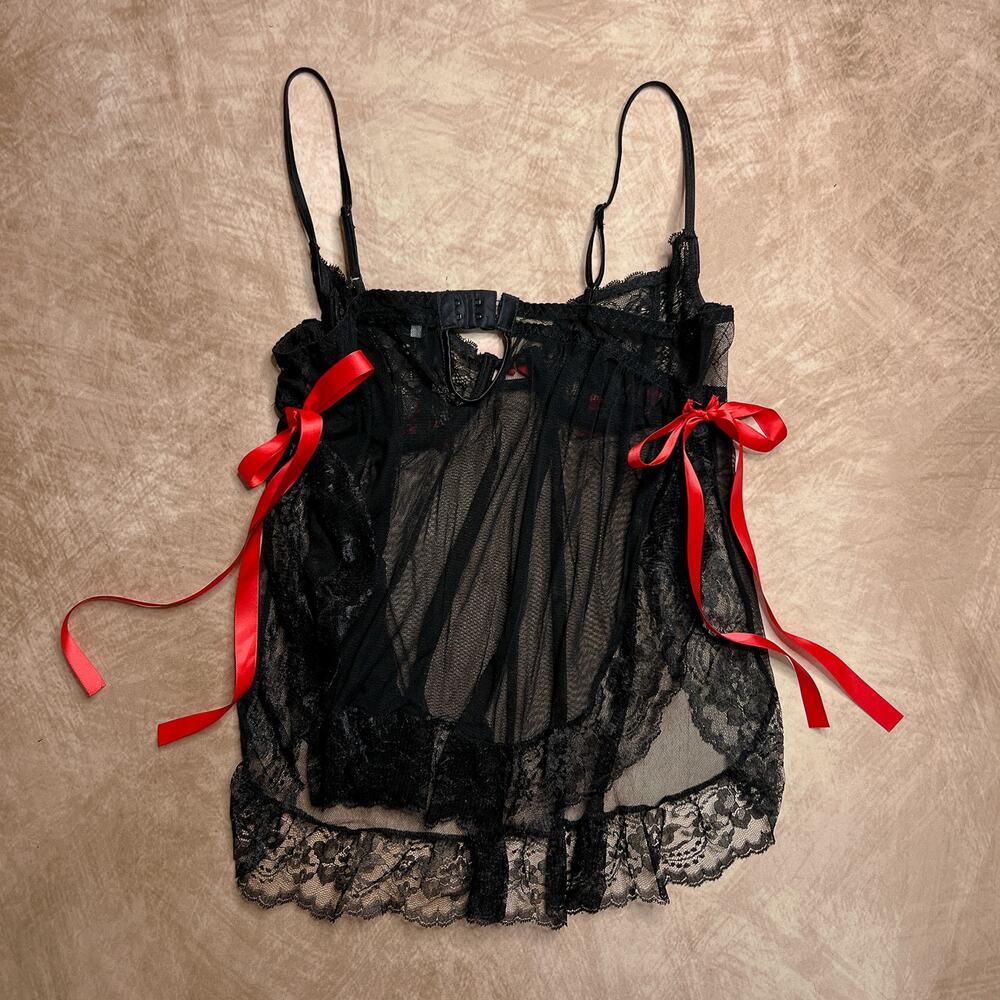 Vintage Y2k Escante Collection Sheer Mesh Floral Lace Babydoll Lingerie Top Bows View 2